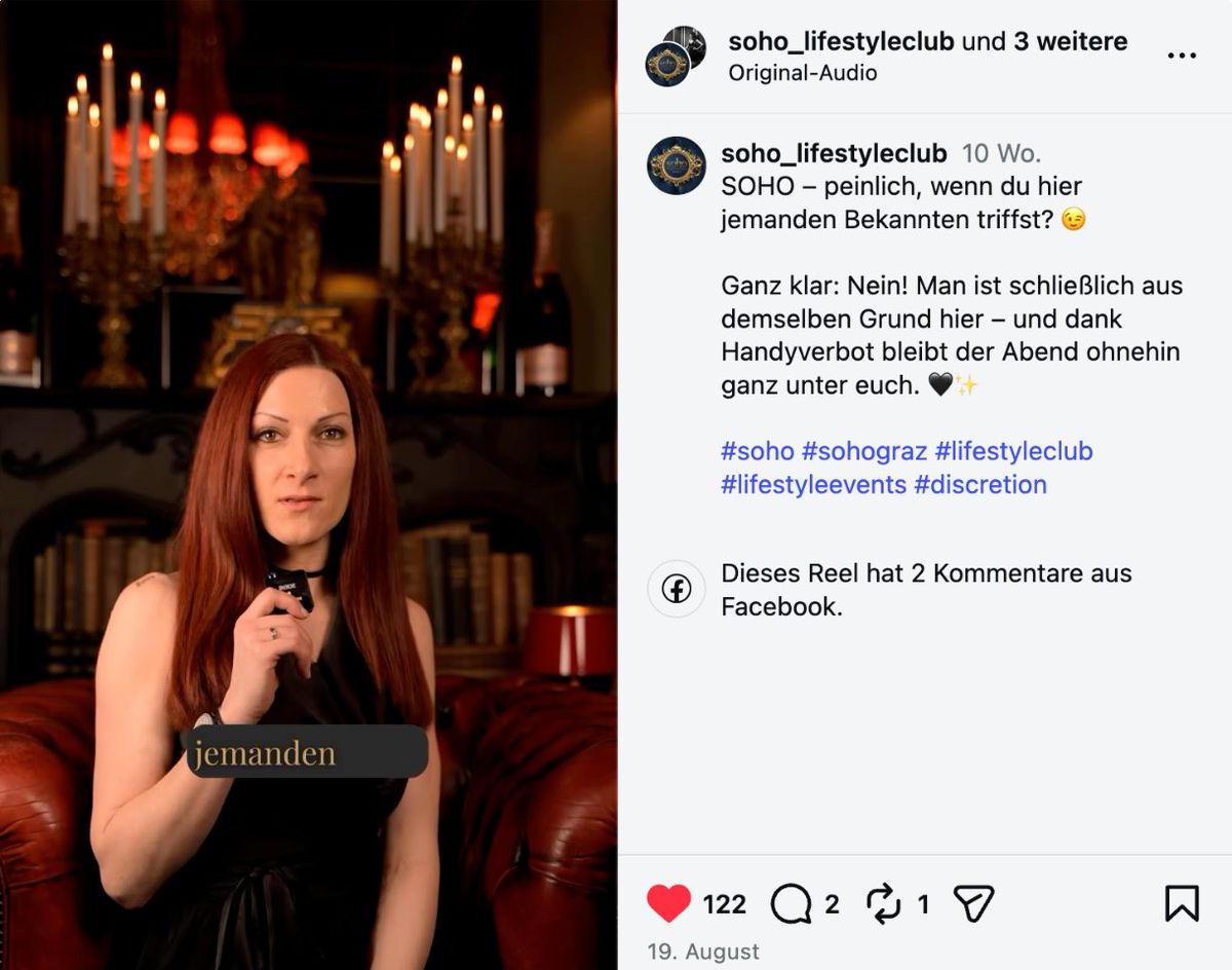 Instagram-Reel Soho Graz mit Likes und Kommentaren